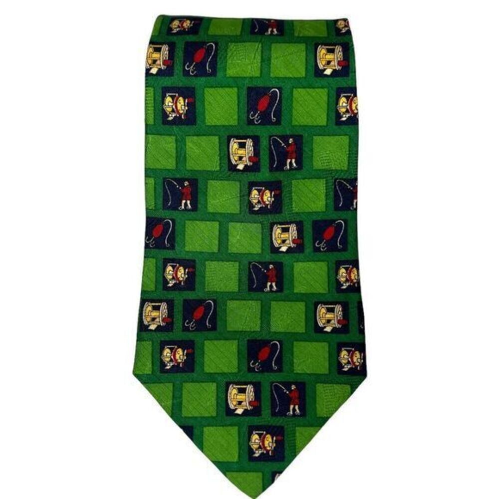 TOMMY HILFIGER Green Fly Fishing Silk Tie Lure Reel‎ Novelty Fisherman
